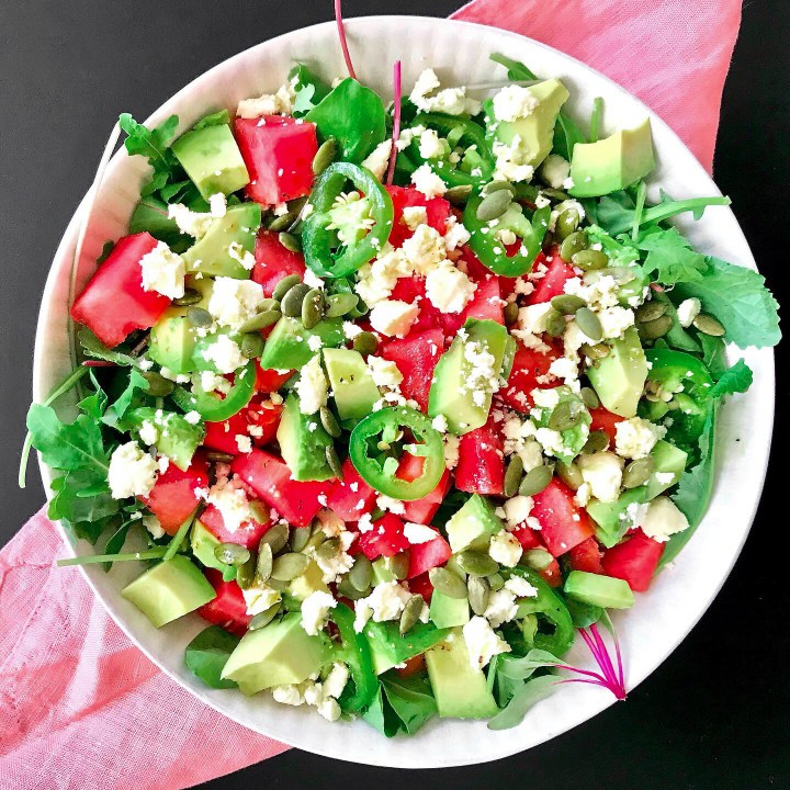 Watermelon, Feta, Avocado, and Jalapeño Salad with White Balsamic-Lime&nbsp;Vinaigrette