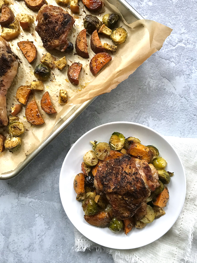 Herbes de Provence and Brown Mustard Sheet Pan Chicken with Sweet Potato, Brussels Sprouts, and&nbsp;Apple