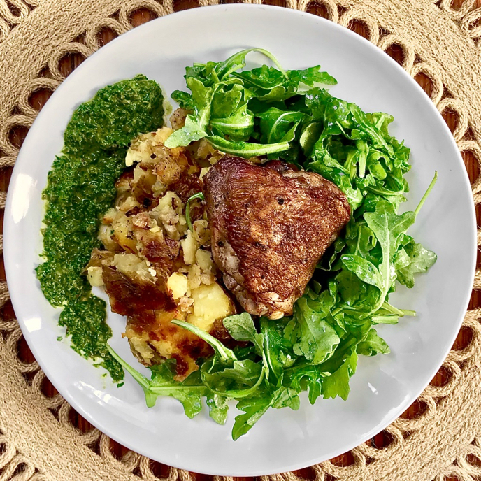 Crispy Chicken and Potatoes with Preserved Lemon Compound Butter and Salsa&nbsp;Verde