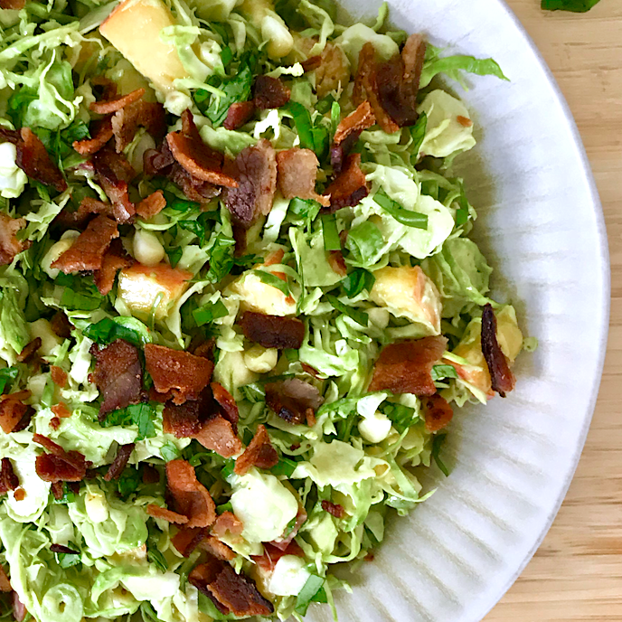 Brussels Sprout, Corn, Peach, and Bacon Slaw with Creamy Basil-Lemon&nbsp;Dressing