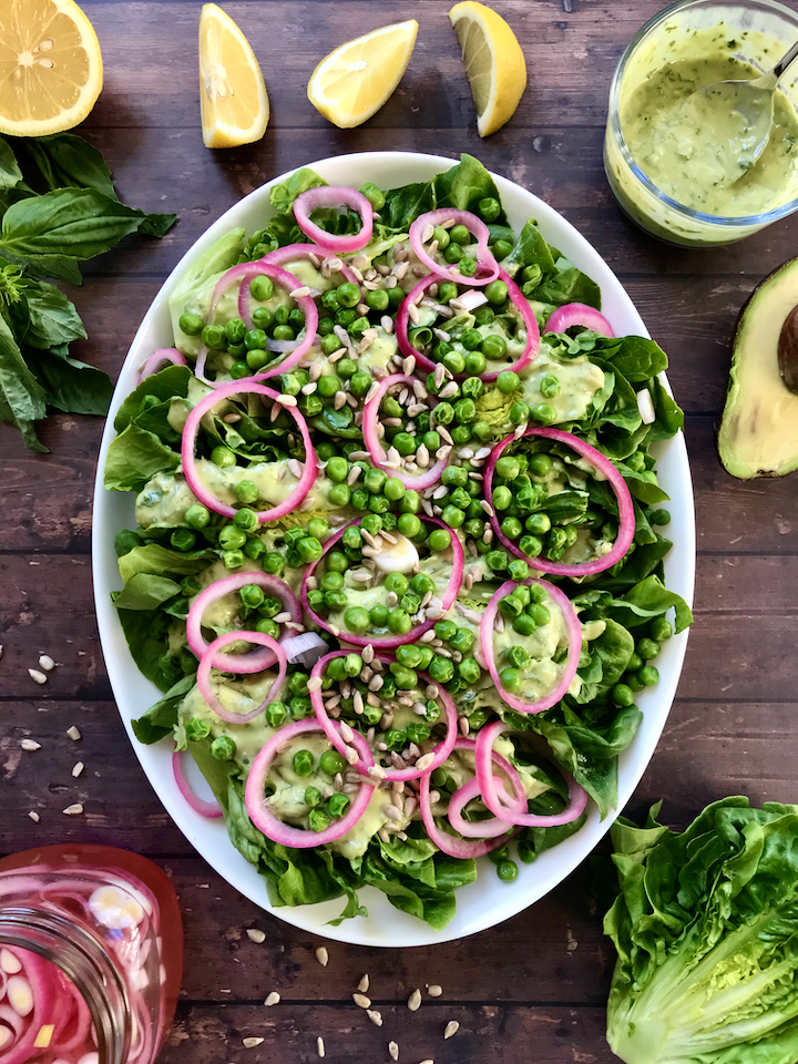 Little Gem, Pea, and Pickled Onion Salad with Lemon-Basil Avocado&nbsp;Dressing