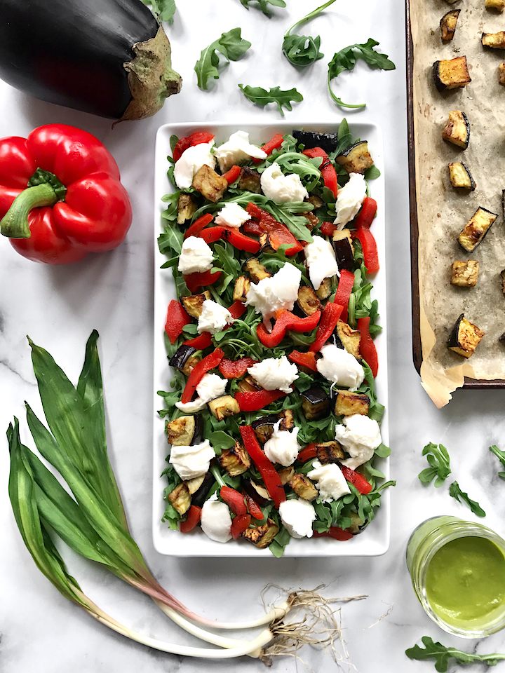 Roasted Eggplant and Bell Pepper Arugula Salad with Ramp&nbsp;Vinaigrette