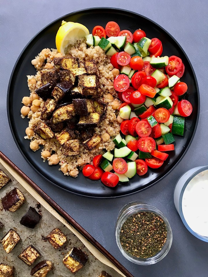 Za’atar Roasted Eggplant over Quinoa and&nbsp;Chickpeas